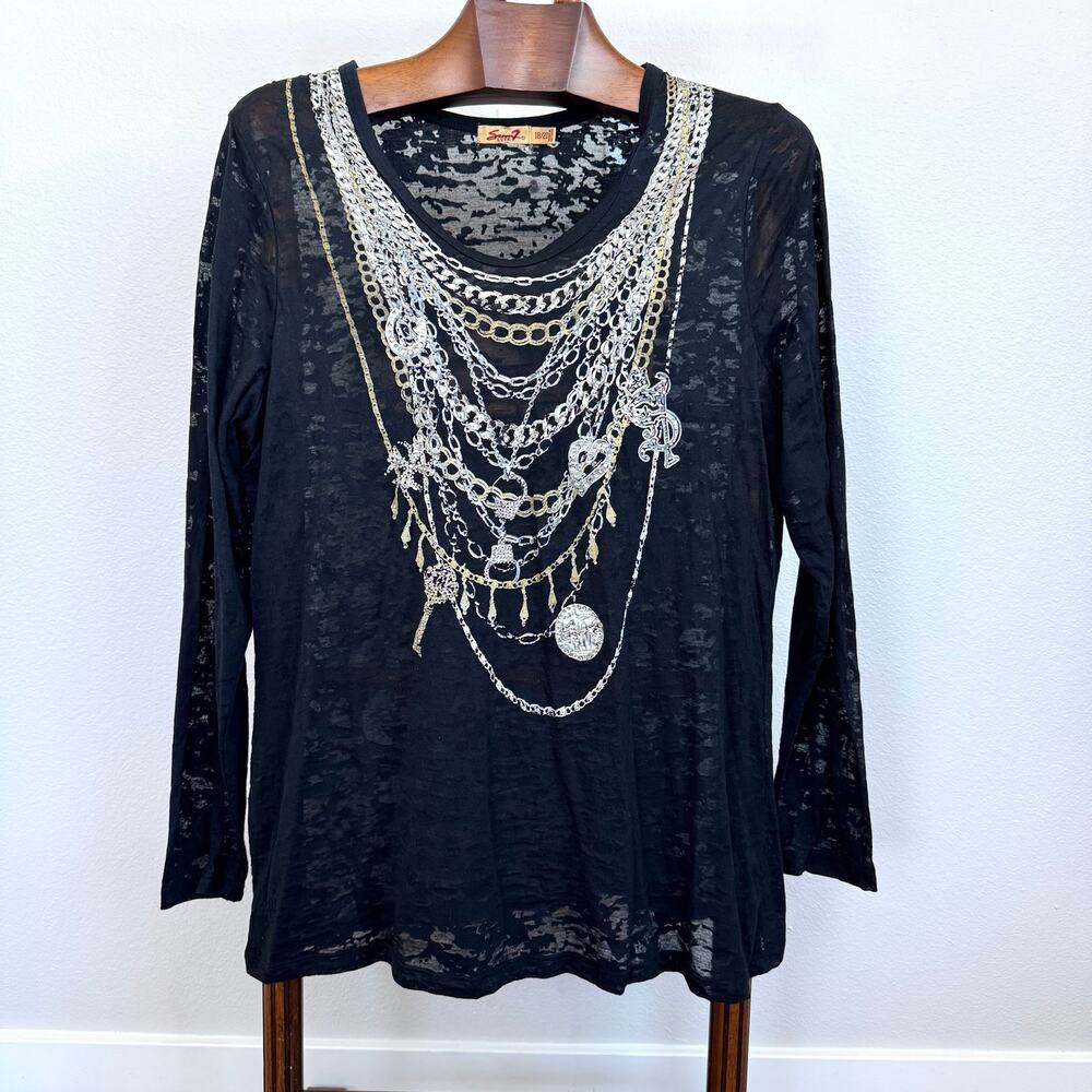 Seven7 Luxe Y2K Burnout Graphic Tee Black Chain Print Long Sleeve Top 18/20